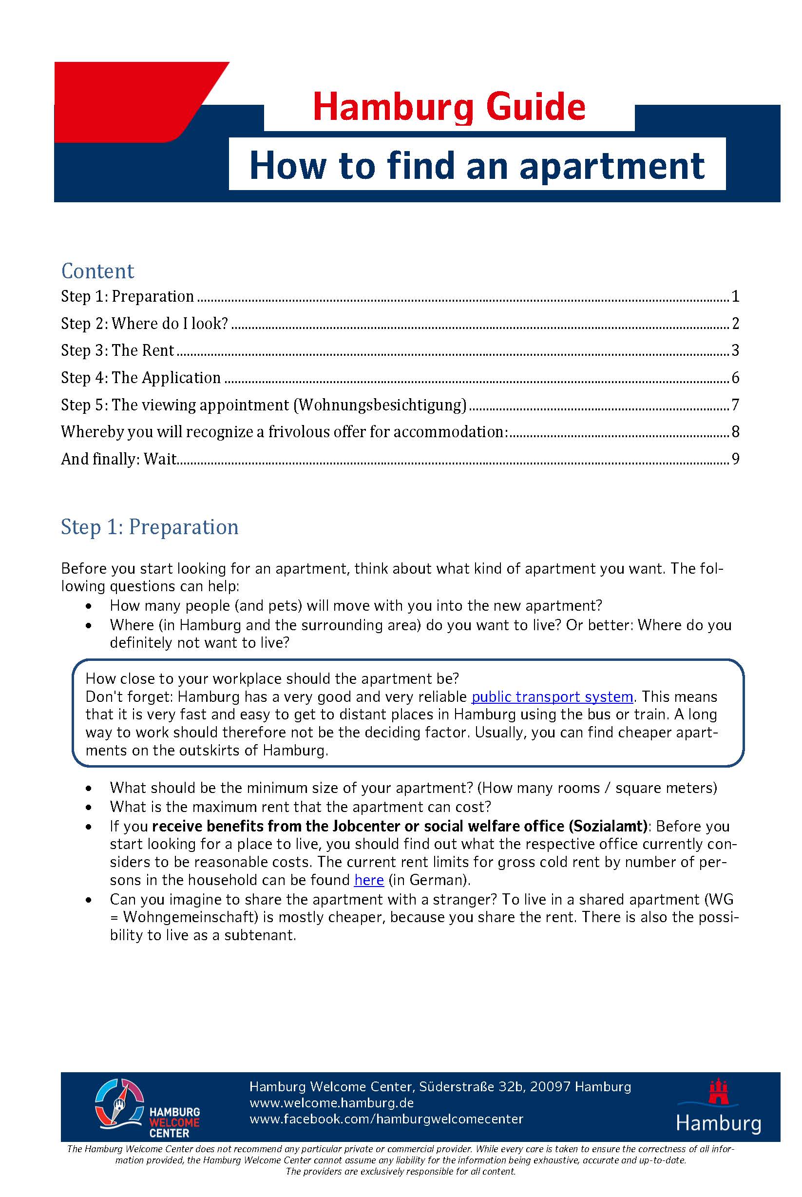 First page of Hamburg Welcome Center Accommodation Guide